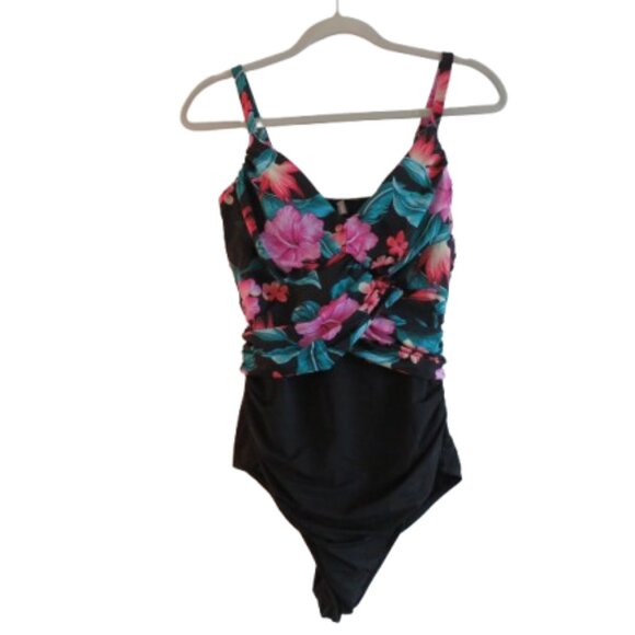 LAND'S END Tropical Floral Ruched Slimming One Piece Swimsuit Black Pink - Sz 14 - Picture 1 of 15